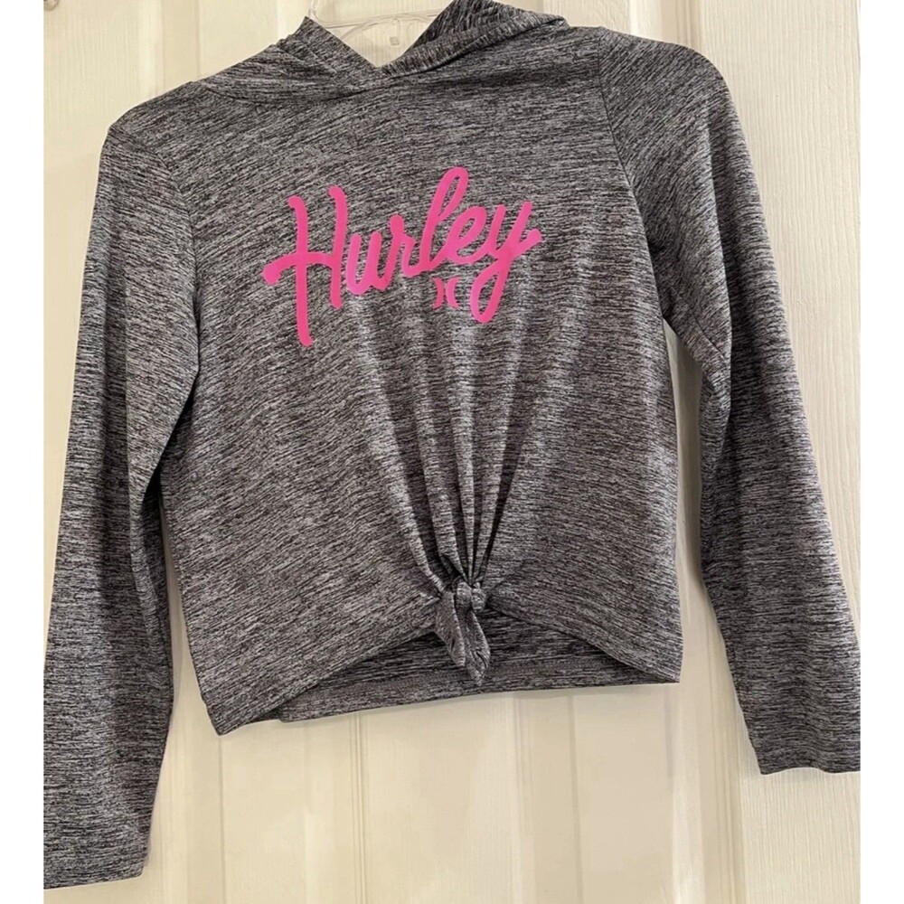 Hurley Girls’ Heather Gray Hoodie with Tie Front and Pink Logo - Size M